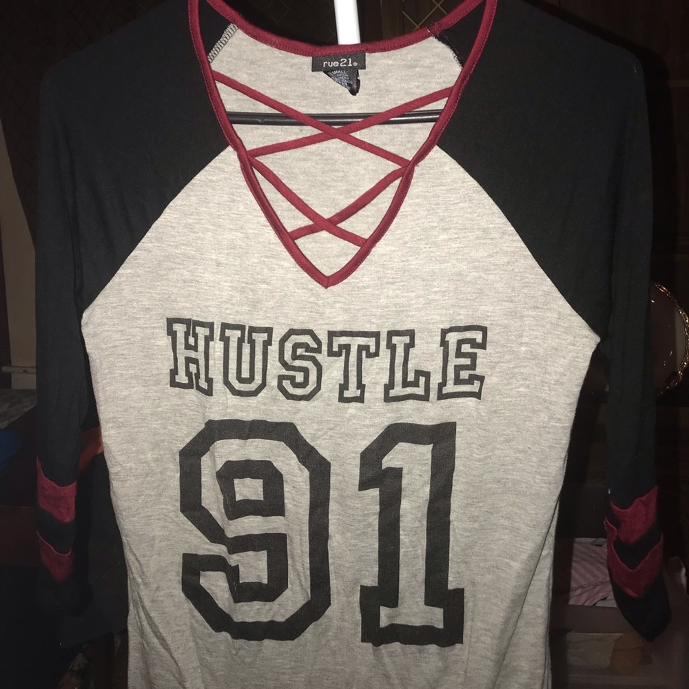 grey , maroon and black “hustle 91” long sleeve